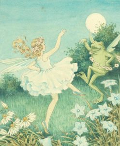 OUTHWAITE (IDA RENTOUL) Fine original watercolour depicting a young fairy dancing exuberantly with a fairy frog