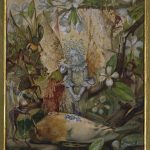 A picture showing the dead robin surrounded by fairy figures in the branches of an apple tree in blossom; on the back a sektch of two people feeding a deer.