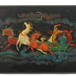 A Russian papier-mache table box lid decorated with fairy tale subject