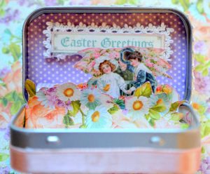 Easter altered tin pop-up using Graphics 45 Sweet Sentiments paper