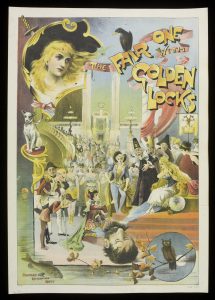 Colour lithograph of a poster advertising a touring production of 'The Fair One with Golden Locks'