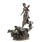 "Titania", the fairy queen on a leaf chariot pulled by squirrels Patinated bronze Signed: E. Keyser