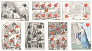 PLAYING CARDS Karten Almanach [complete pack of 52 pictorial playing cards], stippled-engraved, court cards hand-coloured, red pips suits hand-coloured
