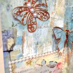 Left hand page of Stamperia Wonderland journal page with butterfly and Imagination sentiment.