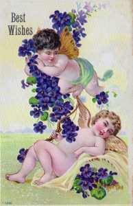 Two cherubs with violets. Perfect for Valentines Day