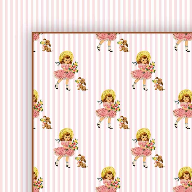 Pink stripes and Retro child with dog scrapbook paper